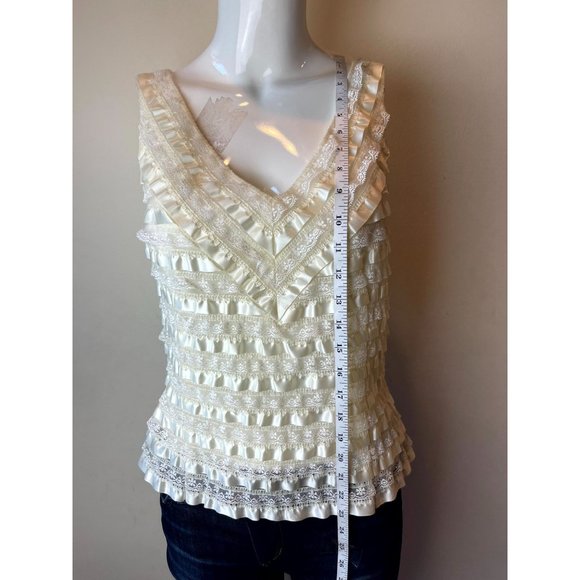 JS Women Ruffle Layered Tank Top Lace Detail V Neck Sleeveless Ivory Size 12 - Picture 3 of 7
